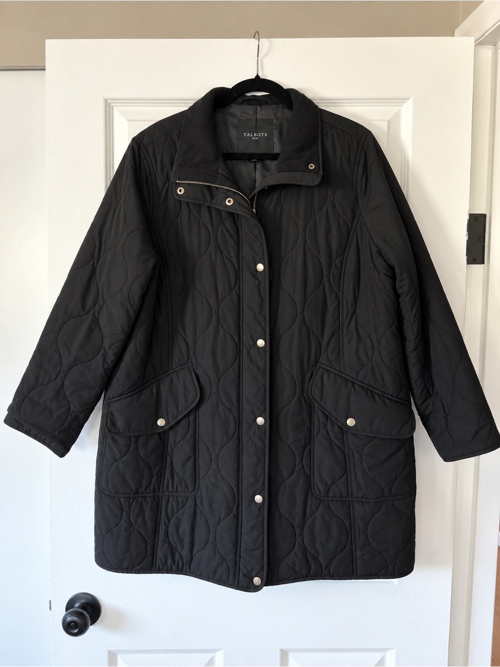 Talbots Plus 2X Black Quilted Long Jacket Coat Zip Snap Front